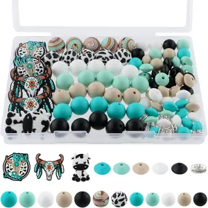 100 count  Beads Set, Lentil Rhinestone Spacer Print  Beads 15mm and 12mm for Pens and  MakingTurquoise Cow