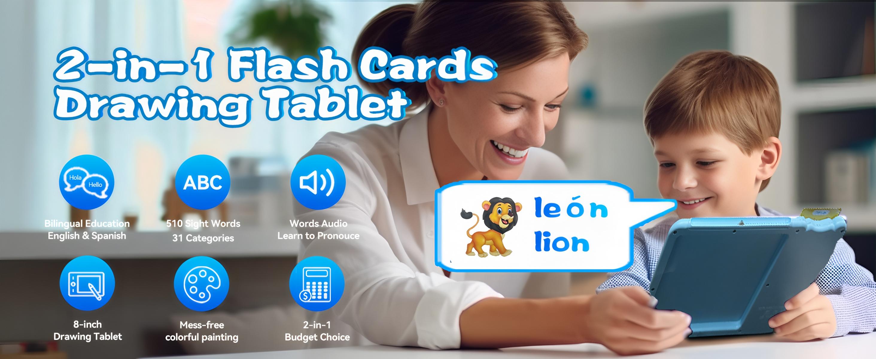 KidGenius English & Spanish Flash Card Set with 3 Language Modes 8 Inch LCD Writing Board 510 Vocabulary Words Durable Reusable Design for Kids Perfect Homeschool Teacher Tool  Holiday Learning Gift Ideal for Autism Therapy - Bear Visual Stimulation Cards