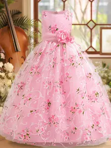 Girl's Belted Satin Tutu Dress, Tulle Overlay Dress, Sleeveless Round Neck Tulle Dress for Party Wedding Guest, Girl Clothes, Kids Tutu Clothes for Summer, Floral Printed Dress for Children, Spring Dresses