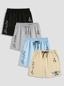 Men's Cross & Letter Print Drawstring Logo Shorts, Casual Streetwear Regular Fit Pocket High Waters Pants, Mens Shorts, Summer Outfits, Back To School Clothes, Men's Comfort Fashion Bottoms for Daily Wear