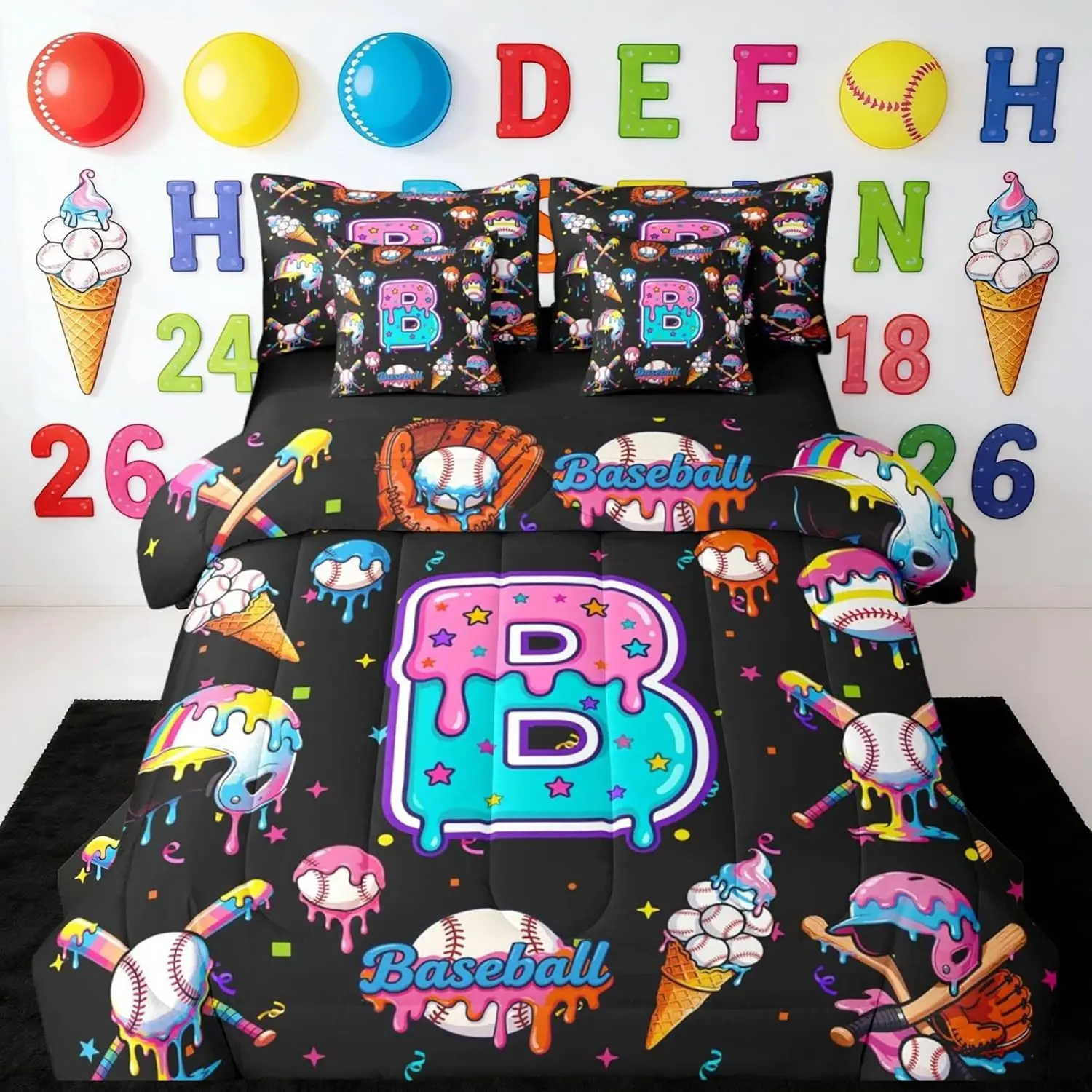 Baseball 7 Piece Bedding Set Personalized Initial B Comforter Set with Sheets,Pillowcases & Cushion Cover for Kids Teens Adults Baseball Sports Bed in a Bag Gaming Sports All Season Soft