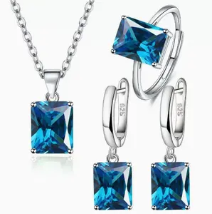 Silver-Tone Princess Cut Blue Cubic Zirconia Jewelry Set (Necklace, Earrings, Ring) for Women