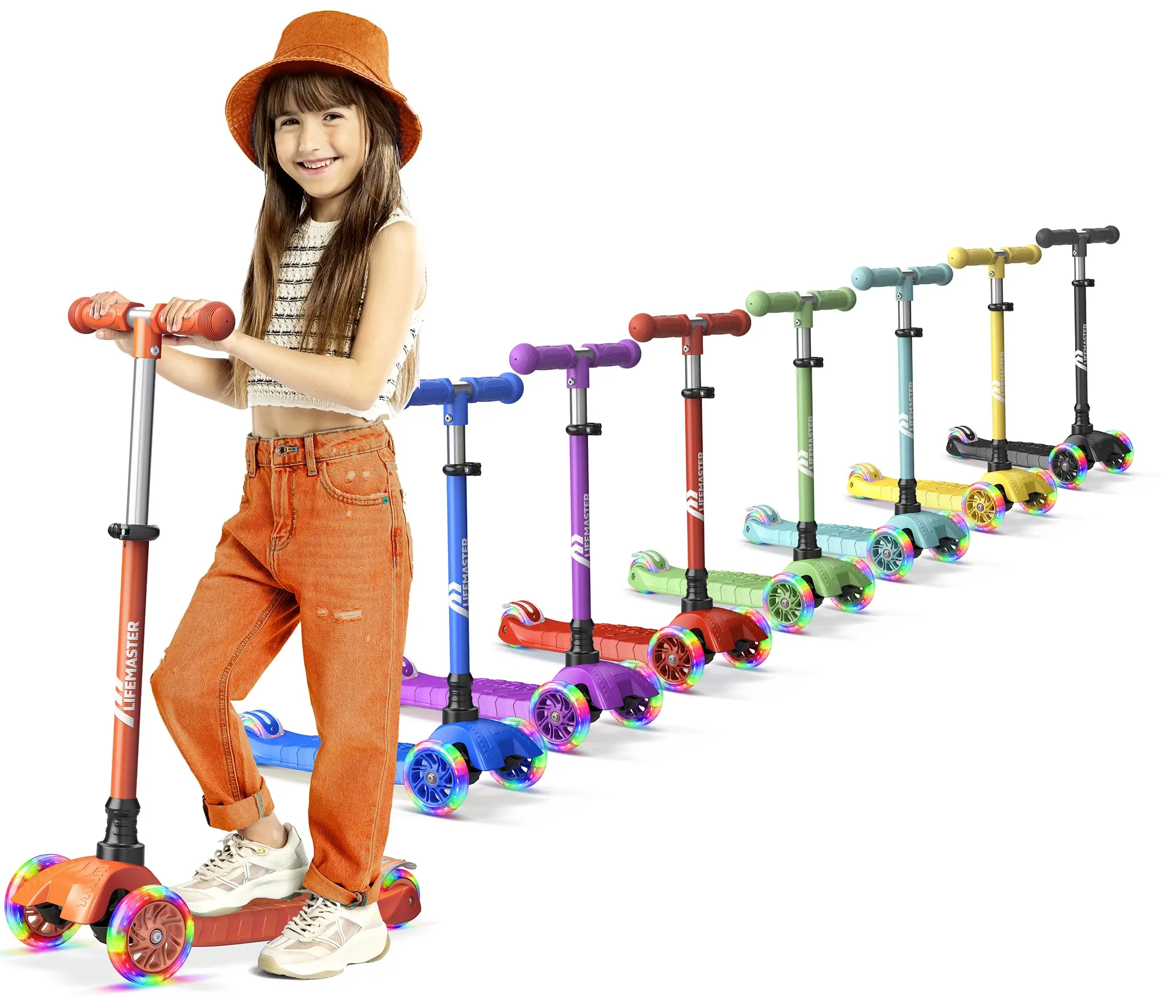 Lifemaster Mini 3-Wheel Kids Scooter with Multi-Color Wheel Lights – 4-Height Adjustable Handlebar, Wide Anti-Slip Deck, Child Safety Certified, Boys & Girls Ages 2+ Supports Up to 110 lbs, Orange
