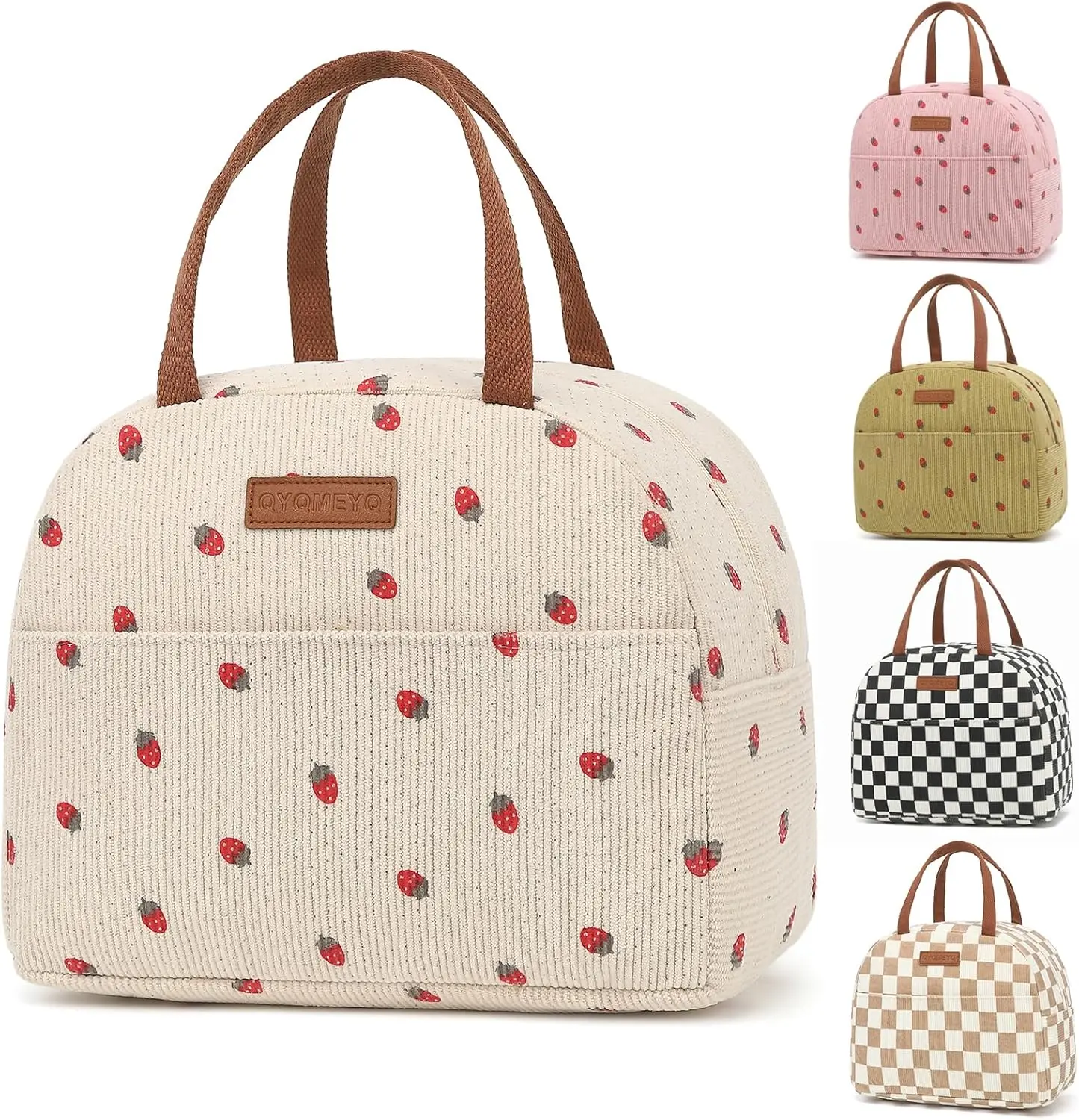 Lunch Bag for Women Men, Reusable Lunch Box, Insulated Lunch Pail bag with Large Capacity, Cooler Lunch Container for Work Travel Office Picnic (Strawberry beige)