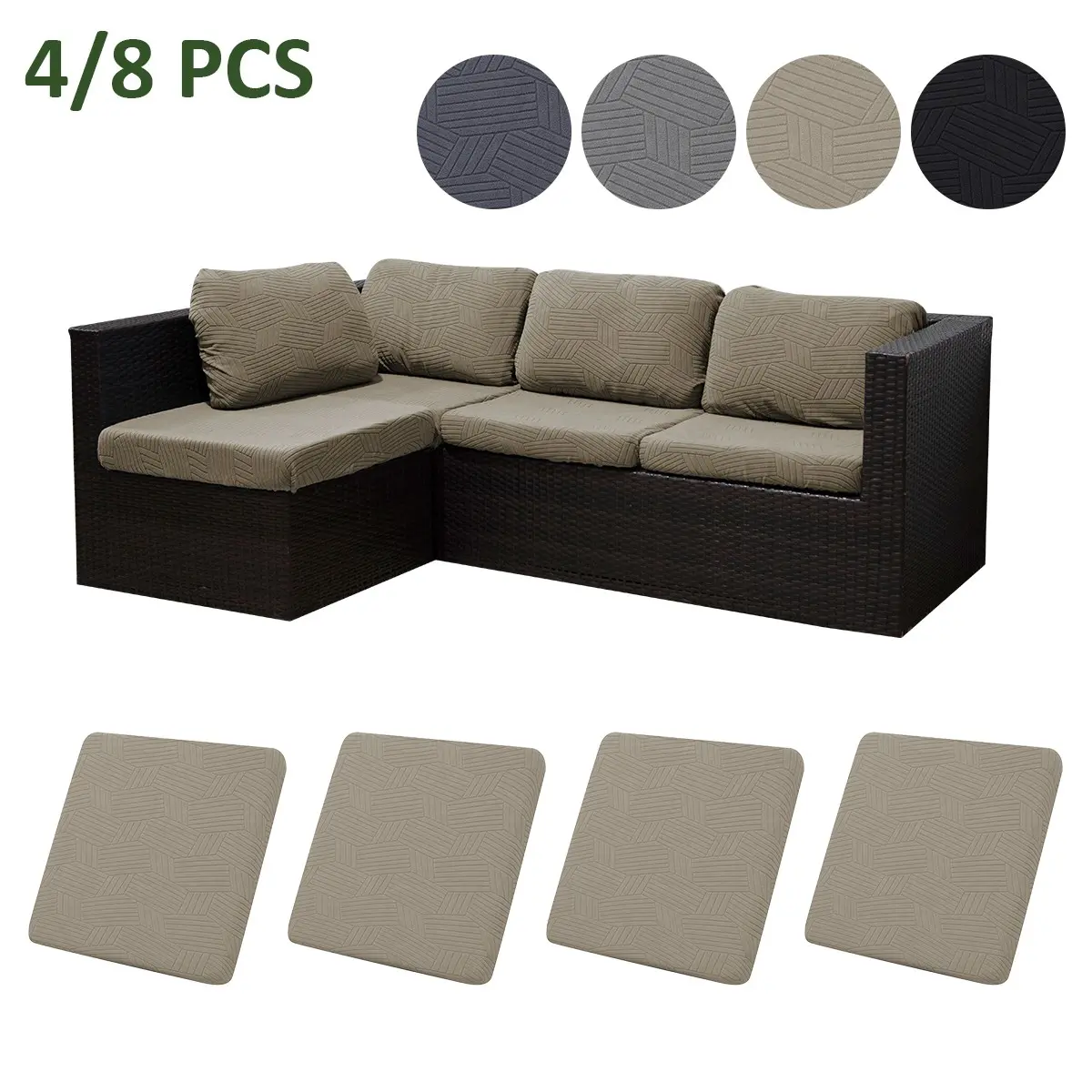 4 Or 8 Piece Plaid Jacquard Outdoor Sofa Cushion Covers Set, Weather Resistant, Water Repellent, All-Season Elastic Soft Washable Decorative Slipcovers For Patio Furniture