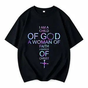 Women's Christian Faith T-Shirt I Am a Child of God A Woman of Faith A Warrior of Christ Inspirational Short Sleeve Round Neck Casual graphic Tee with Geometric Print Machine Washable