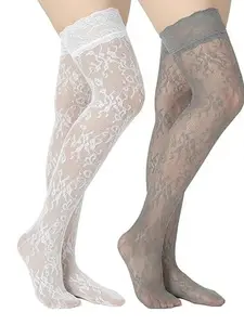 Lace Trim Long Boot Socks, Vintage Floral Fishnet Socks with Boots, Over-The-Knee Socks for Women, 1/2 Pairs Mixed Colors