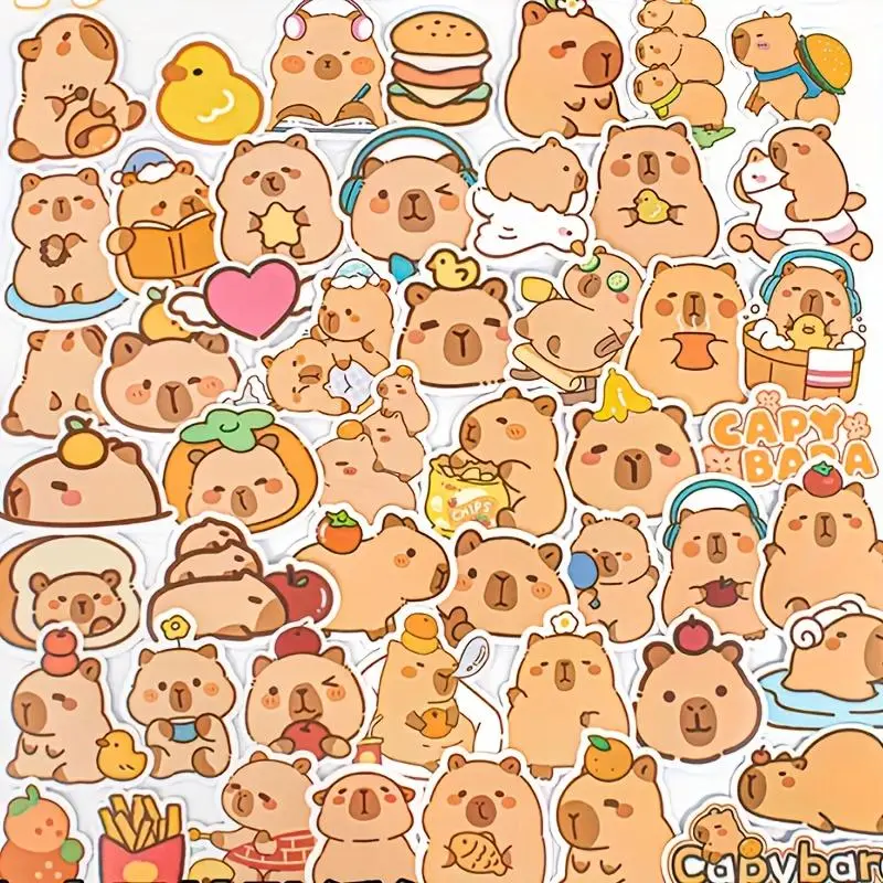 50pcs Capybara Cartoon Stickers Adorable Brown Capybara Self-Adhesive Decals Luggage Phones Mugs and Cars Scrapbooking Stickers