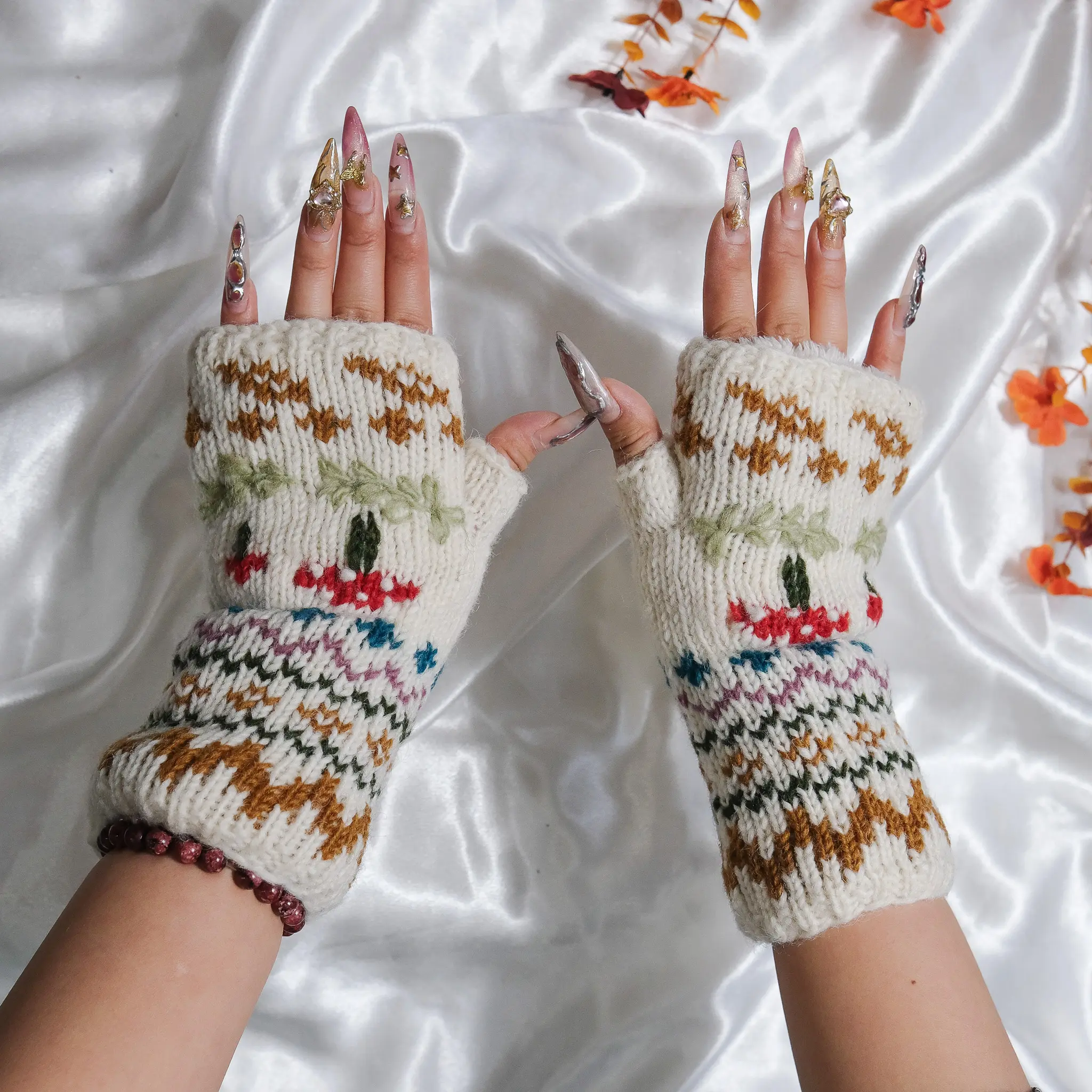 Mushroom Wool Fingerless Gloves, Handmade Fleece Lined Handwarmers, Embroidered Winter Mittens, Hippie Knit Wrist Warmers,Winter Accessories