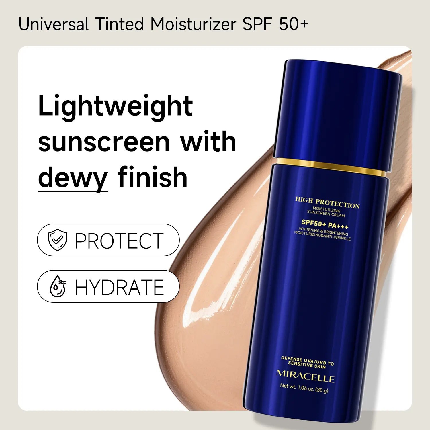 MIRACELLE Universal Tinted Moisturizer SPF 50 -1.06 fl oz Hydrate Skincare Hydrate Skincare Sunscreen HyaluronicFragrance Free Mineral Facial Sunscreen  Broad Spectrum Glowy   Mineral   Sunscreen