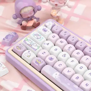 COOMICKEY PBT Keycaps MOA Profile 132 Keys Dye Sublimation Purple Cute Cat Customized Set for ANSI Cherry MX Switches Mechanical Keyboards with Keycap Puller