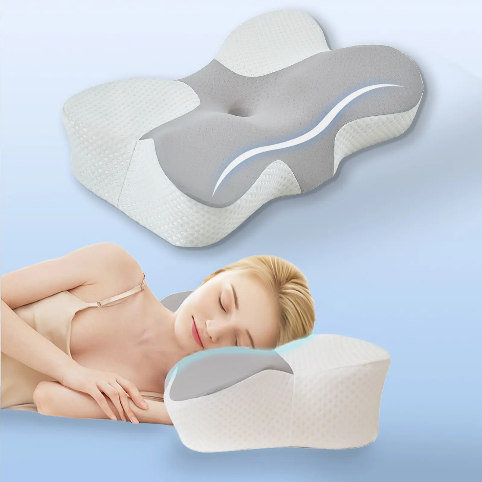 VIZIM Cooling Butterfly Sleep Pillow, Customizable Height Memory Foam for Total Neck & Shoulder Comfort, The Gift of Restorative Sleep for All, Dual-Sided Breathable Orthopedic Bed Pillow, Ergonomic Support for Side & Back Sleepers