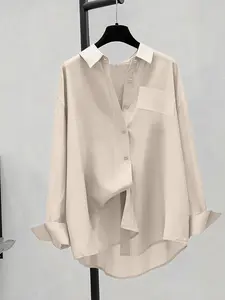 Plus Size Elegant Women's Solid Color Button Shirt, Loose Fit Comfortable Daily Wear, Versatile Casual Blouse, Button Front Blouse for All Seasons