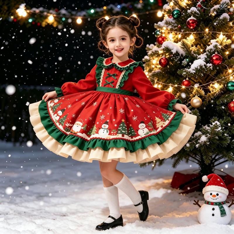 Girls' Chic Figure-Flattering Christmas Print Polyester Dress - Long Sleeve, Crew Neck, Knee-High, Layered Hem Casual Holiday Outfit, Ideal Christmas Gift