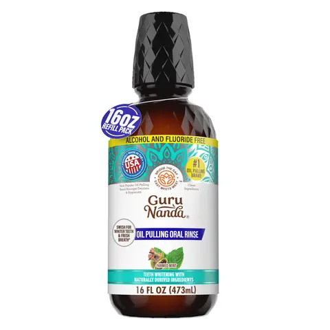 GuruNanda Refill Size Farmed Mint Oil Pulling Mouthwash with 7 Essential Oils & 3 Vitamins, Promotes Fresh Breath & Happy Gums, Alcohol-Free, 16 fl oz