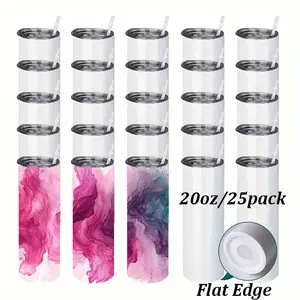 Crafix 25-Pack 20oz (591ml) Vacuum Insulated Stainless Steel Tumblers - Flat Edge, Flat Bottom, Sublimation Ready, Skinny Portable Water Bottles with Leak-Proof Plastic Straws, Lid, Travel Coffee Mug, Summer Drinkware, Tumbler With Lid