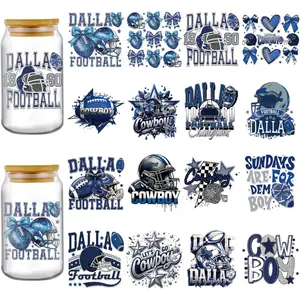 Football UV DTF Wraps - 16 Sheets Blue Cowboy Uvdtf Cup Stickers for 16 oz Waterproof Personalized Sports Helmet Rub on Transfers Decals for DIY Glass Water Bottle Mugs Tumblers Wood Crafts Custom Decal