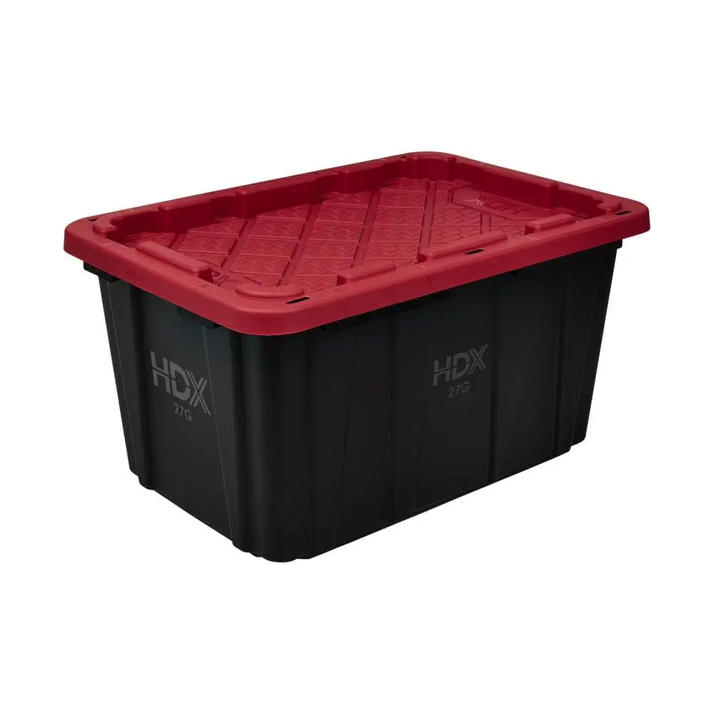 27 Gal. Tough Storage Tote with Lid, Black and Red Container, Home Organizer Box for Storage Organization Needs, Lidded Bins