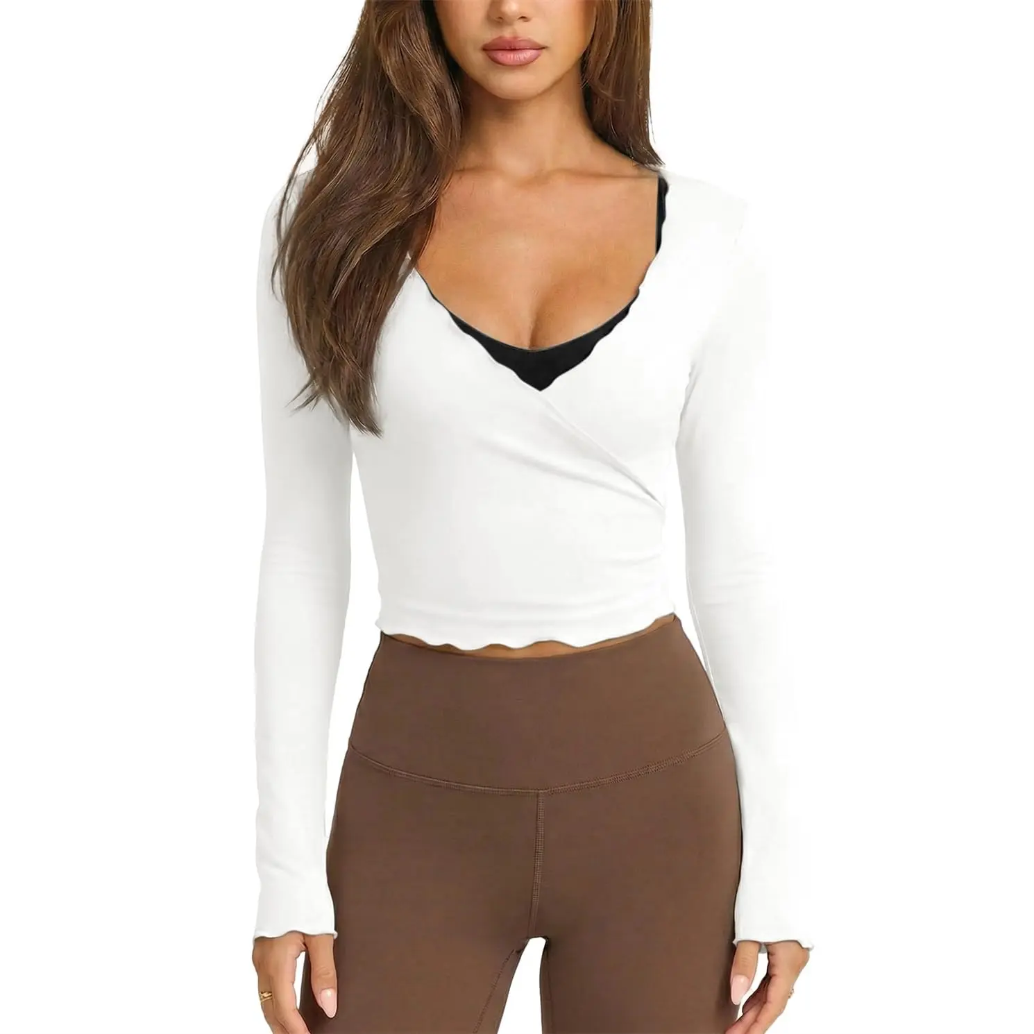 Hixiaohe Womens Ballet Wrap Tops Cropped Long Sleeve Self Tie Front Shirt Y2K Workout Yoga Pilates Dance Cover Up Blouse Gym Outfits Athletic Techwear