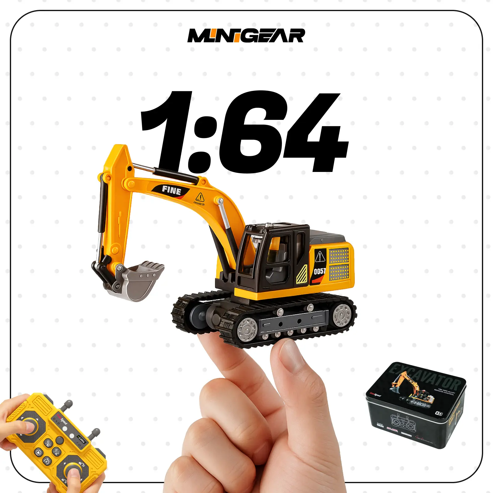MiniGear 1/64 Alloy RC Excavator, 16CH Remote Control Construction Truck (RC Construction Vehicles) with Lights, Sounds, USB-C Rechargeable, App & Handle Control, Metal Body Toy in Gift Box - Boy Gift Ideas for Kids, Mini Excavator