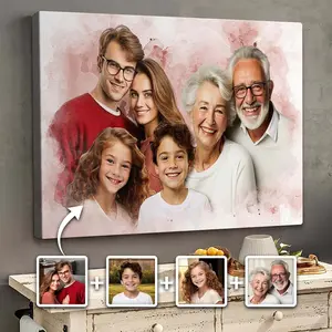 2D Flat, 2D Flat, 2D Flat Custom Memorial Canvas Gift, Watercolor style,Combined Photos of Loved Ones, Ideal for Family Portraits. A Unique Gift for Family Members, Perfect for Home Decoration And Wall Art poster Personalized Wall Art Framed Print