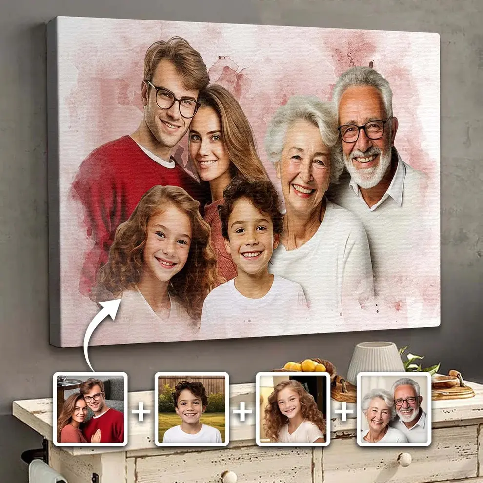 2D Flat, 2D Flat, 2D Flat Custom Memorial Canvas Gift, Watercolor style,Combined Photos of Loved Ones, Ideal for Family Portraits. A Unique Gift for Family Members, Perfect for Home Decoration And Wall Art poster Personalized Wall Art Framed Print