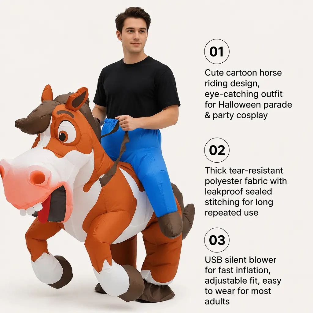 Adult Ride-A-Horse Inflatable Costume, Funny Western Cowboy Blow Up Suit, Giant Cartoon Horse Inflatable Costume for Halloween, Birthday Party, Bar Club Performance Blue Cloth Carnival Cosplay