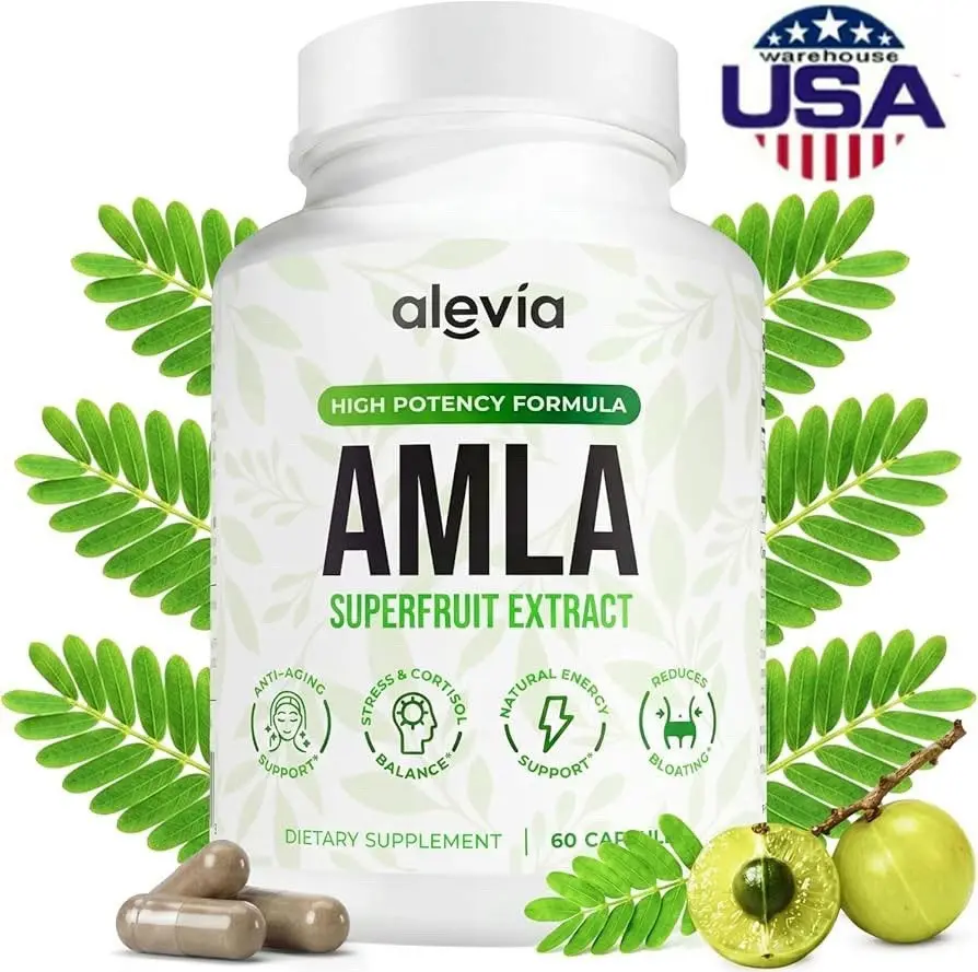 1-5 Pack Alevia Organic Amla Capsules, 1000mg Indian Gooseberry Extract, Antioxidant Daily Wellness Supplement, 60 Count