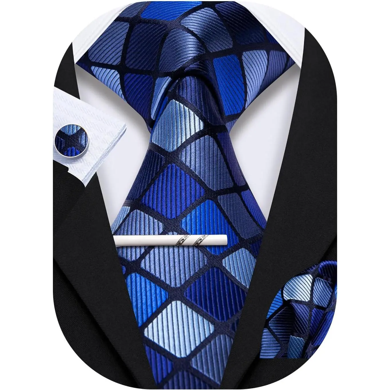 Men's Classic Silk Tie Set - Plaid/Striped, Stylish Tie Design, Business/Wedding Formal Necktie with Pocket Square and Cufflinks, Casual Elegant Tie