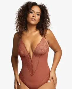 Popilush Deep V Lace Bodysuit, Built-in Shaper Elegant Adjustable Neck Shapewear - Live
