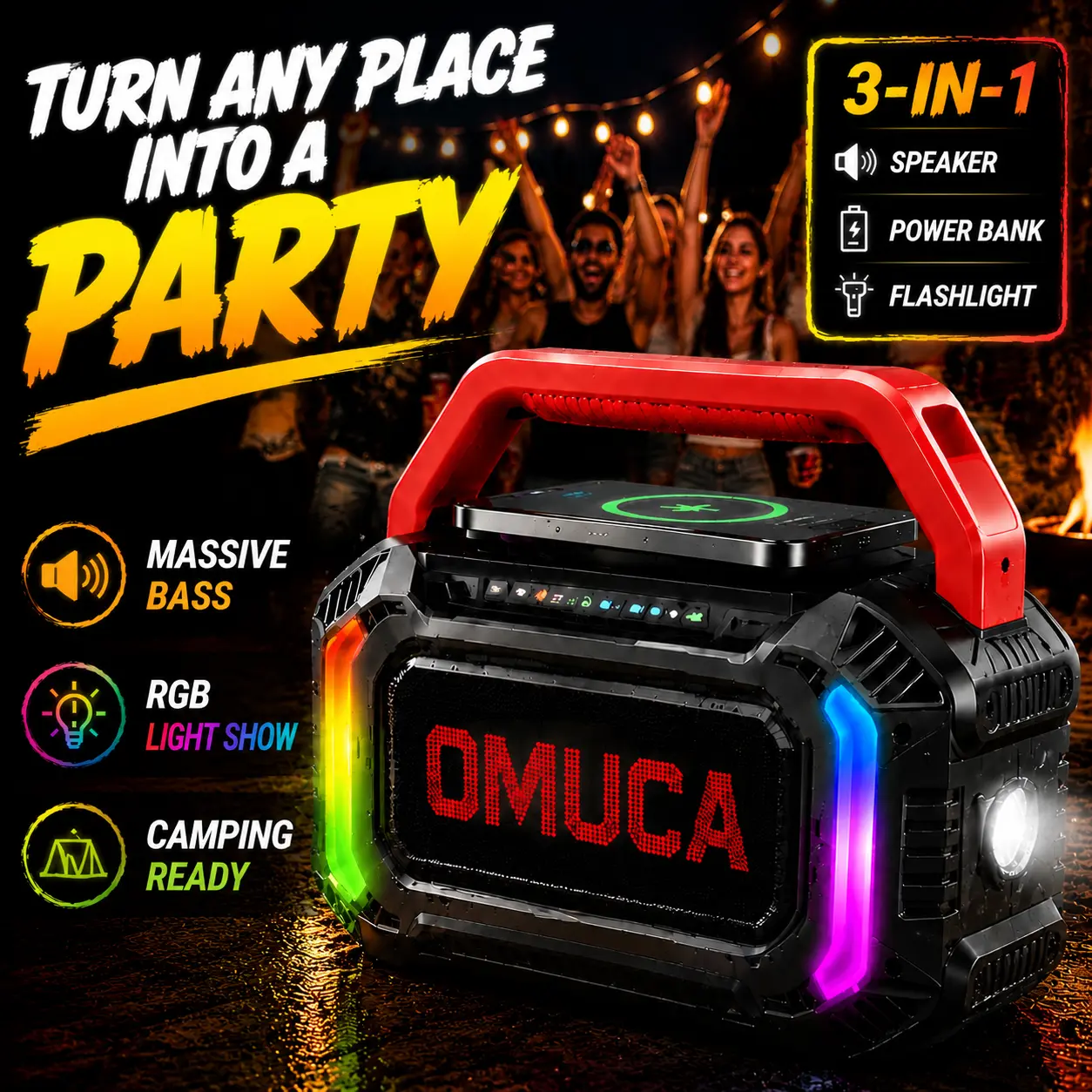 OMUCA Portable Outdoor Bluetooth Speaker, 100W, TWS Stereo Sound Channel, 20H Playtime, Fast Charge, USB-C, IPX6 Waterproof, RGB Lights, Flashlight, Bluetooth 5.3, Wireless Charging, Bluetooth/Aux/USB Connection for Camping, Beach #tiktokshopsummersale