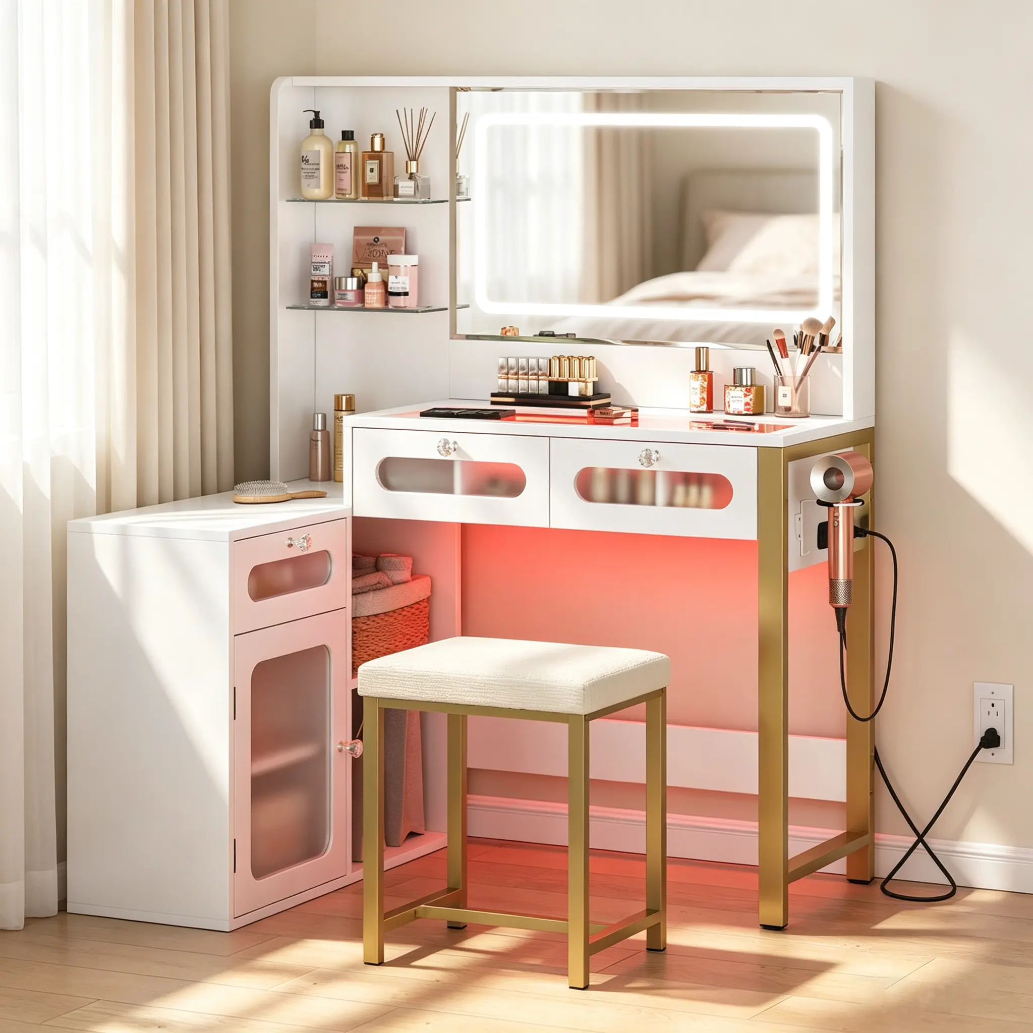 HD Vanity Desk Lighted Mirror, 42.71" Big  Vanity Desk with Mirror and Lights, Makeup Vanity with 3 Drawers and Storage Shelves and Charging Station table modern corner white large led-lit