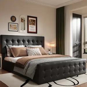Modern Upholstered Platform Bed Frame with Adjustable Button Tufted Headboard, 4 Storage Drawers, Sturdy Wooden Slats, Easy Assembly, No Box Season Needed, Full Size, Dark Grey  Multiple Colors