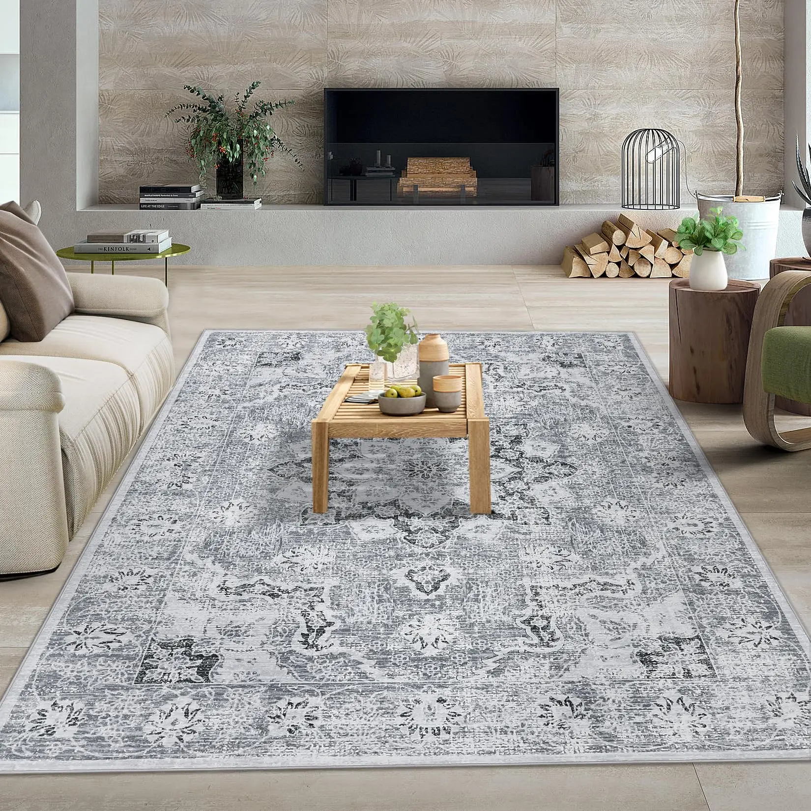 GARVEE Ultra-Thin Washable 10x13 Area Rugs for Living Room, Non Slip Boho Large Living Room Rug, Vintage Oriental Indoor Floor Carpet for Dining Room Home Office Table Dorm Decor, Brick Red