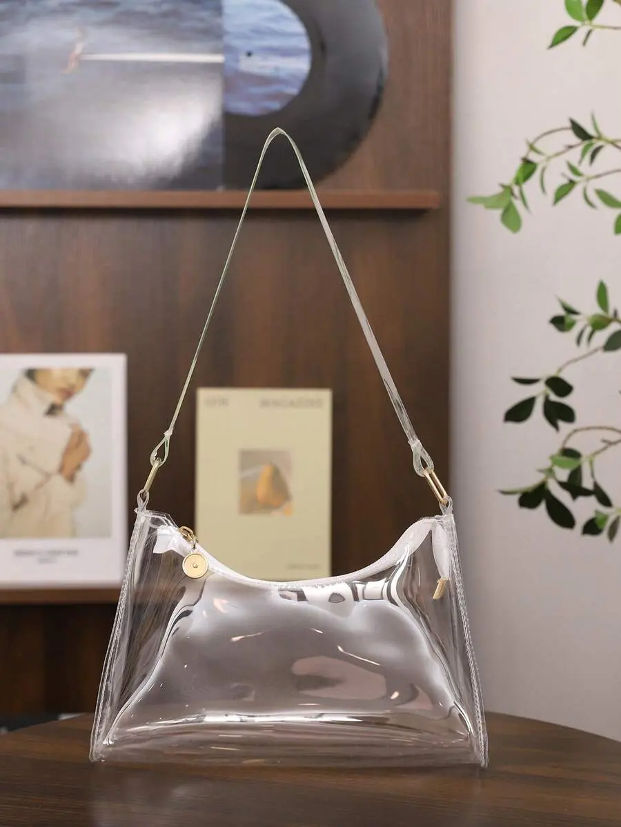 Women's Minimalist PVC Plastic Shoulder Bag - Transparent Underarm Handbag with Zip Closure