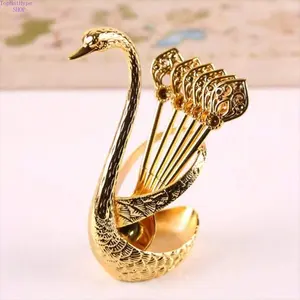 Coffee Spoons Set with 6 Stainless Steel Spoons & 1 Swan Base Holder, Creative Swan Design Coffee Stirring Spoons, Elegant Tableware for Dessert Tea & Small Drinks, Durable Modern Kitchen Cutlery Utensils for Home & Cafe Decor