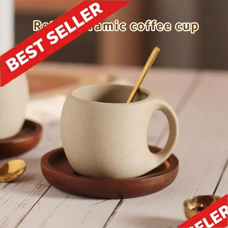 Wabi-Sabi Ceramic Cup Set (2pc) with Wooden Saucer - 8.5oz Handcrafted Thick-Walled Japanese Drinkware, Aesthetic Espresso/Tea Cups for Home Cafe Use, Cup Set Cup & Saucer Sets