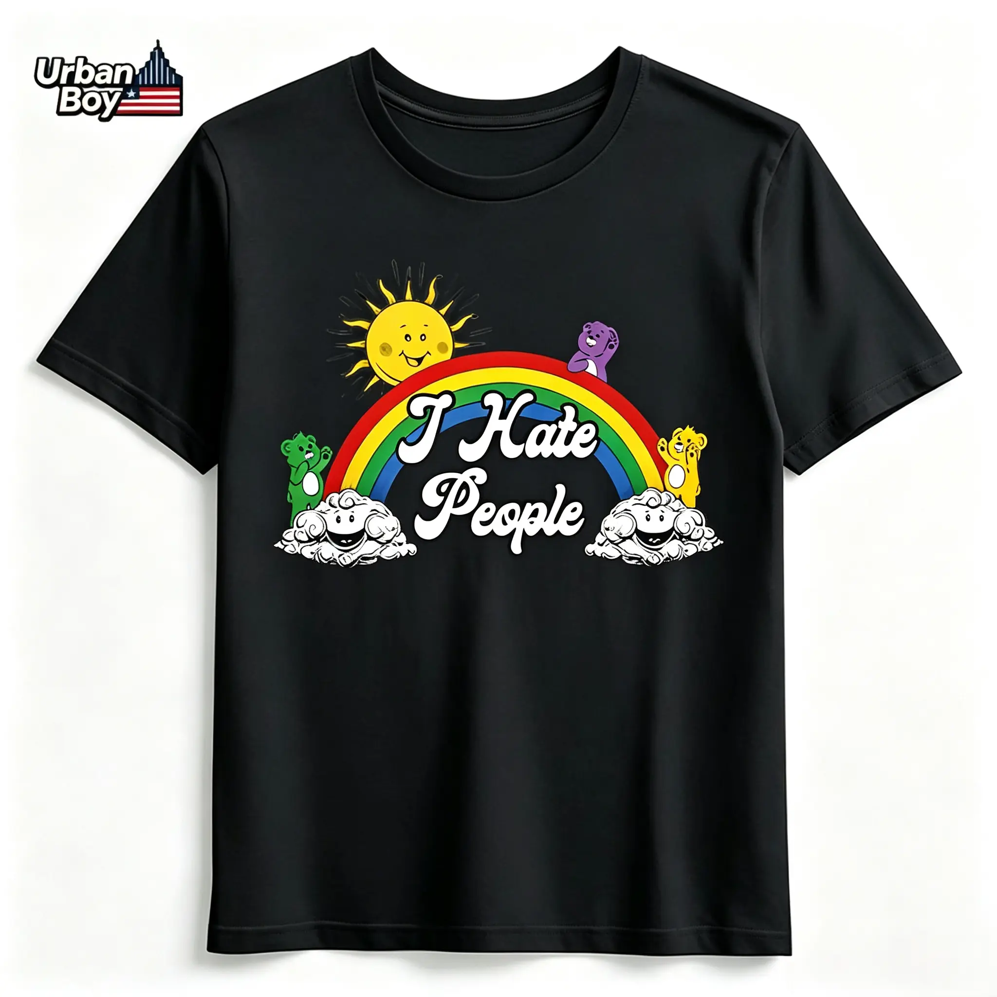 100% Cotton I Hate People Cute Rainbow Care Bears Graphic T-Shirt Retro Sun Cloud Cartoon Sarcastic Introvert Humor Short Sleeve Tee Funny Gift For Men Women
