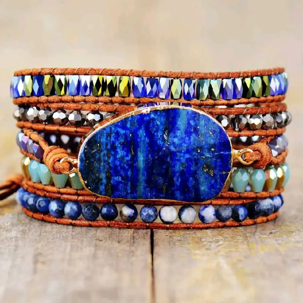 Natural Lapis Lazuli Boho Leather Multi-Layer Wrap Bracelet