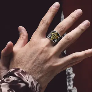 FaithHeart Masonic Rings Round Shape Mens Signet Rings Freemason Symbol