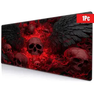 Gaming Mouse Pad, Extended Mousepad, 15.7x35.4inch, Dark Gothic Hellish Scene with Multiple Red Skulls, Large Demon Skull with Black Feathered Wings, Non-Slip Rubber Base, Stitched Edges, Ideal for Gaming Enthusiasts, Desktop Accessory