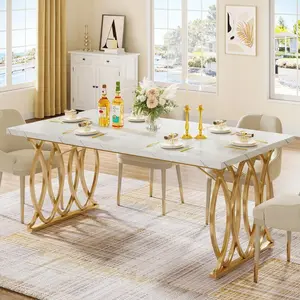 Modern   For 4-6 People, 63" Large Rectangular Kitchen  With Faux Marble Tabletop And Gold Geometric Legs, Unique Dinner  Kitchen &  Room Furniture, Decor Home Furniture dining table Mobile Standing Desk Wheels Mirrored Console Inlay White Makeup Vanity