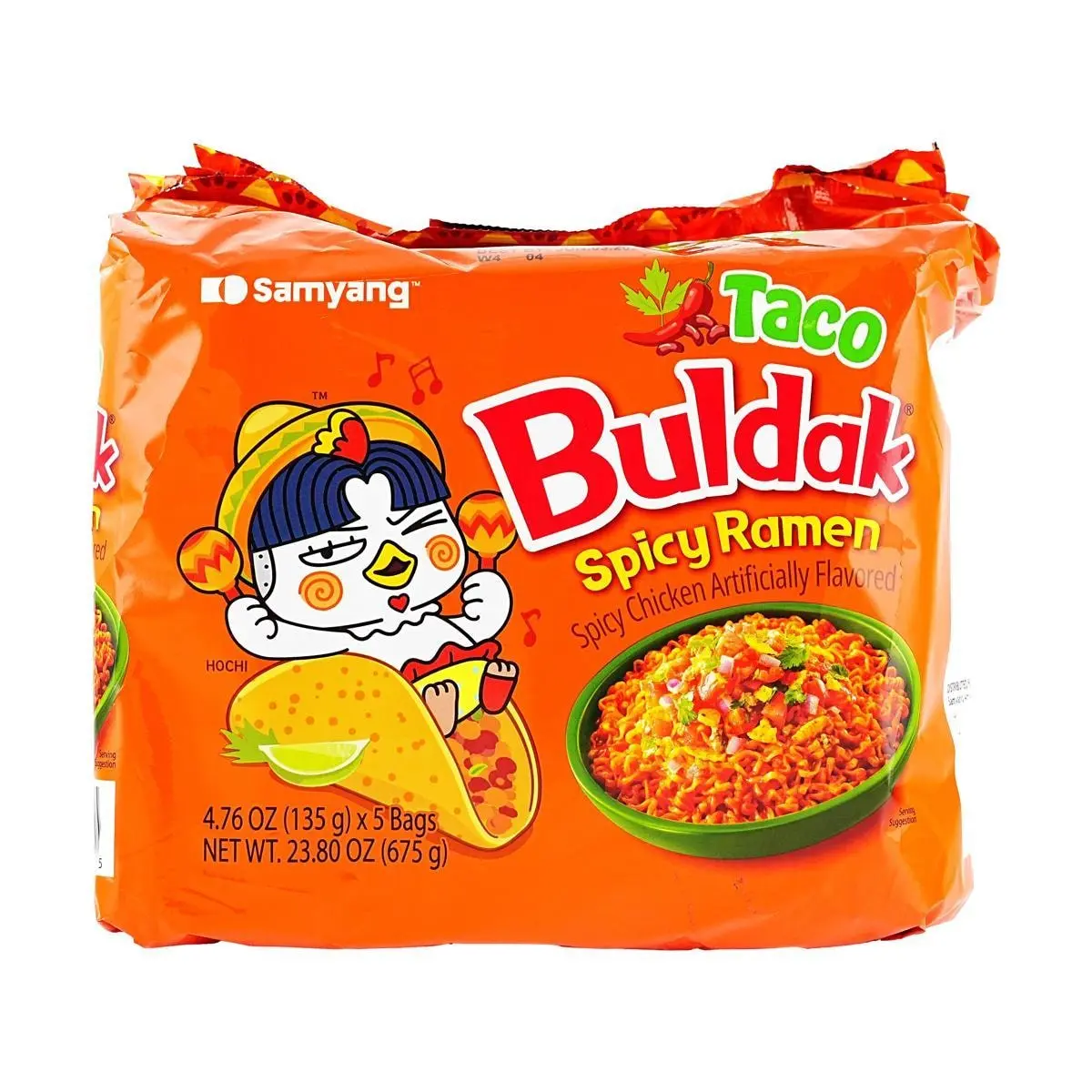 Samyang Buldak Ramen Noodles - Spicy Taco Flavor (5 Packs, 675g) - Authentic Korean Instant Noodles, New Flavor!