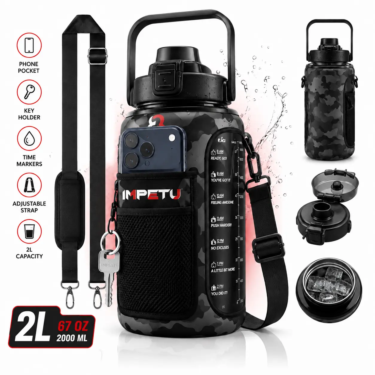 IMPETU 2L Motivational Water Bottle with Sleeve – 67 oz Insulated Stainless Steel Jug | Phone Pocket, Key Holder, Adjustable Strap | Gym, Outdoor & Everyday Hydration