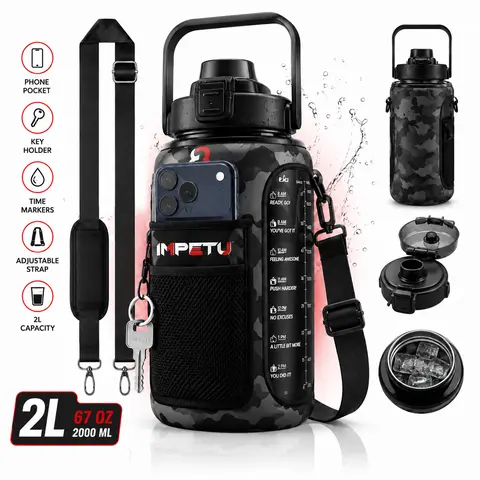 IMPETU 2L Motivational Water Bottle with Sleeve – 67 oz BPA-Free Plastic Jug | Phone Pocket, Key Holder, Adjustable Strap | Gym, Outdoor & Everyday Hydration