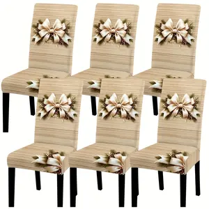 Christmas Bow, Pinecone & Beige Wood Grain Digital Print Chair Covers Set - Removable, Washable Stretch-Fit - 4pcs/6pcs Seat Protectors for Festive Dining Room, Kitchen, Banquet Hall, Bedroom, Living Room, Christmas Decorations Decor Ornaments Indoor