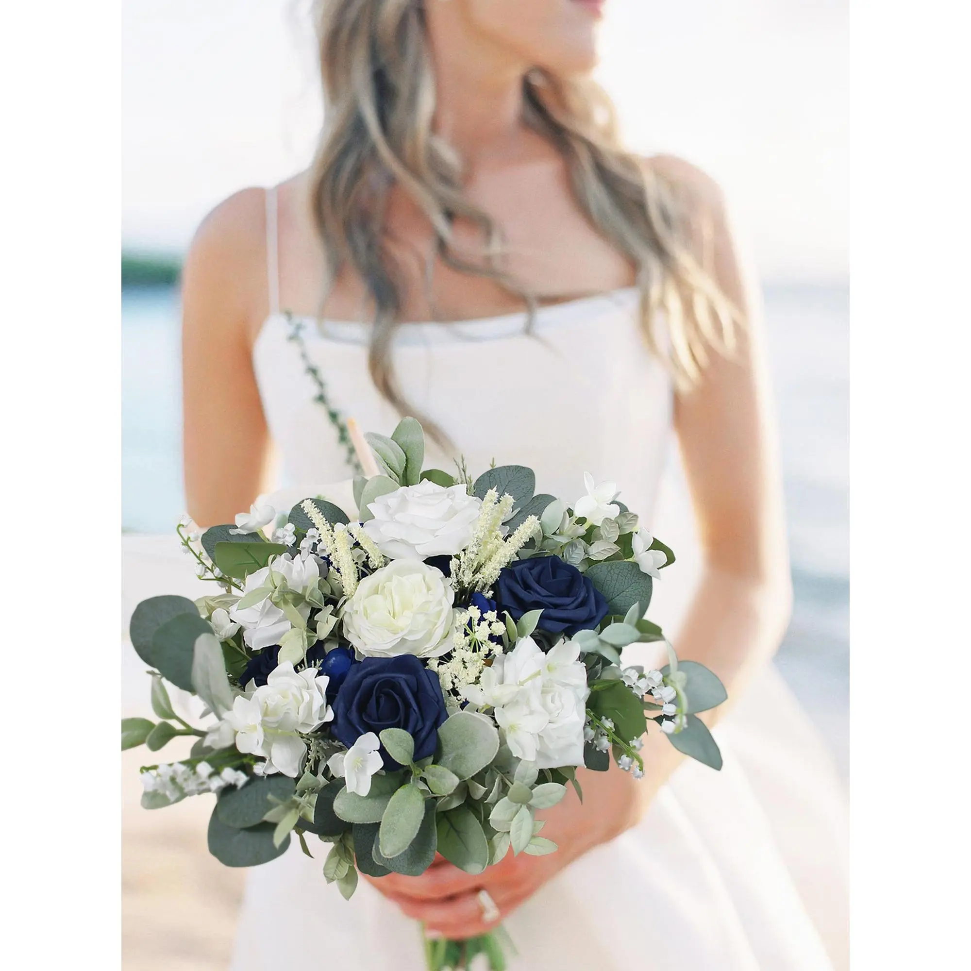 Rinlong Navy Blue & White Bridal Bouquet, 11.8in Wide, Wedding Flowers with Roses & Lavender for Wedding Decor