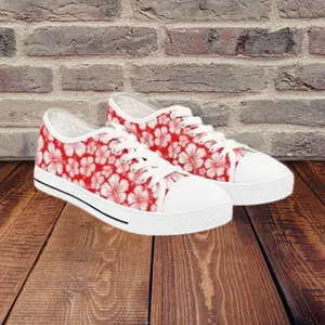 Women's Floral Low Top Sneakers — Red Hibiscus Pattern Women's Casual Shoes