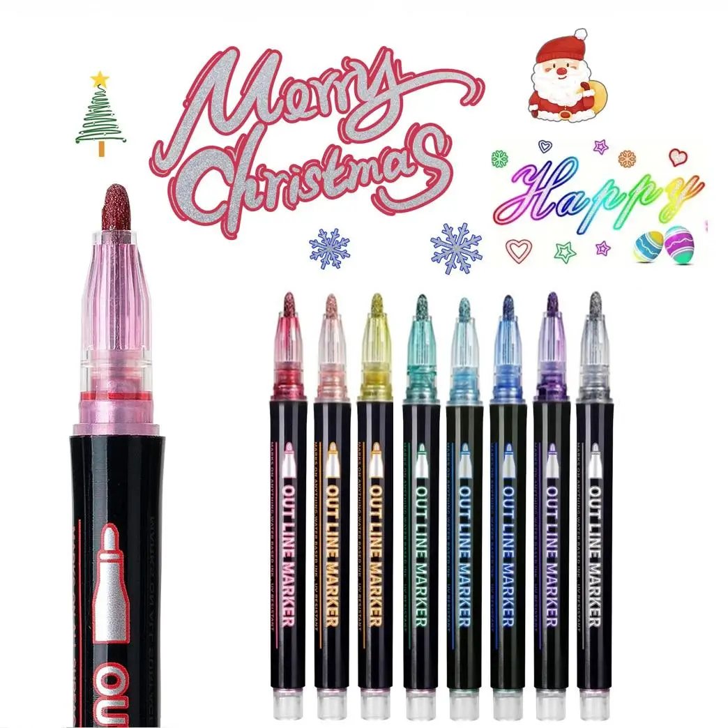Double Line Outline Marker Pen Set, 8 Counts/set Colorful Highlighter Marker Pen, Writing Pen for DIY, Graffiti, Poster Card, Holiday Decor, Art Mater