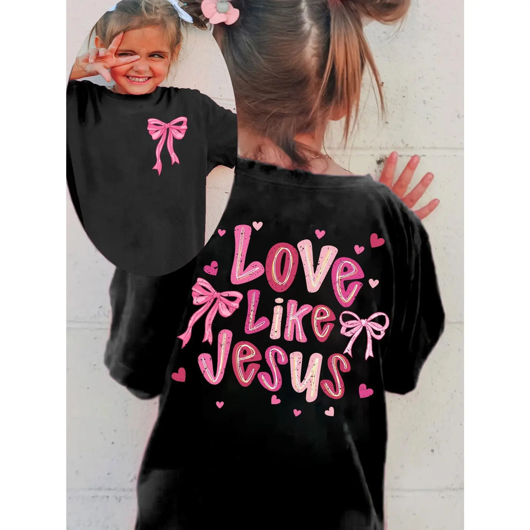 Girls' Christian "Love Like Jesus" Print T-Shirt with Hearts & Bows - Birthday, Easter, Mother's Day, Valentine's, VBS Outfit - Soft Crew Neck Short Sleeve Top - Pink & Black Lettering - Machine Washable - Pink Bow Accent -